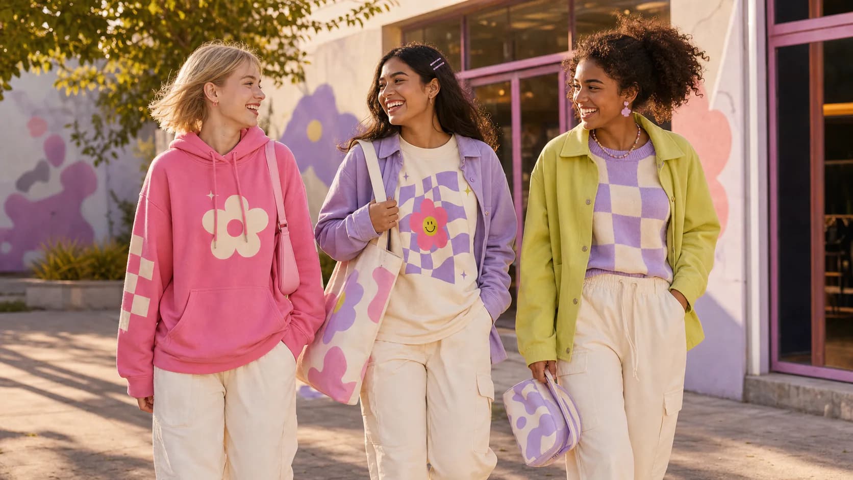 Friends carrying colourful everyday pieces outdoors