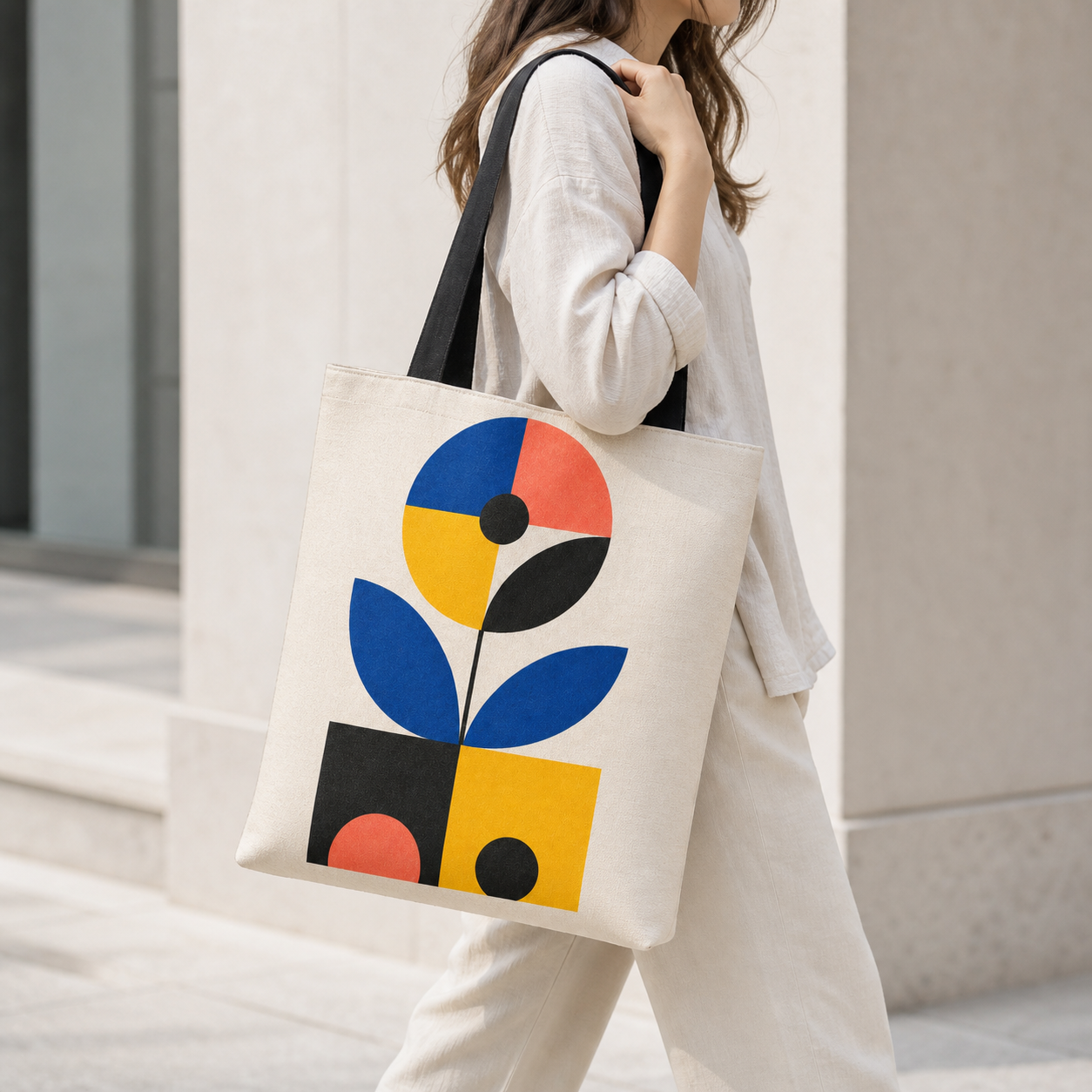 Bauhaus Bloom Colorful Woven Tote Bag